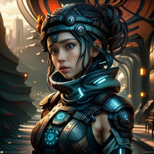 a woman in a futuristic suit standing in a hallway with a futuristic city in the background and a futuristic clock tower in the background
