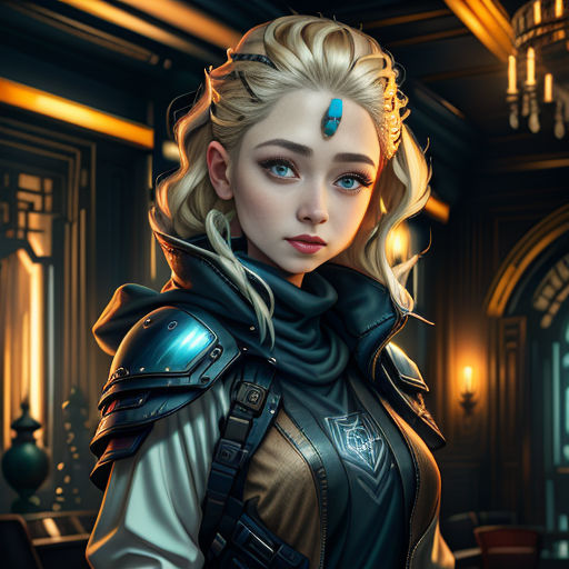 a woman with blonde hair and blue eyes in a dark room with a chandelier and chandelier