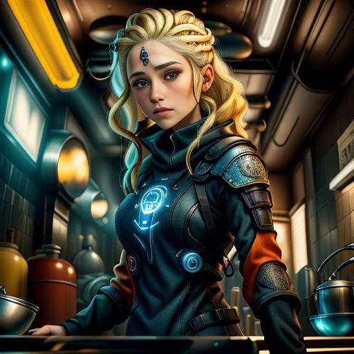 a woman in a futuristic suit standing in a kitchen next to a counter top with pots and pans