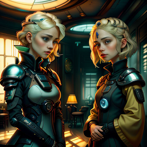 two women in futuristic outfits standing in a room with a clock on the wall behind them and a window
