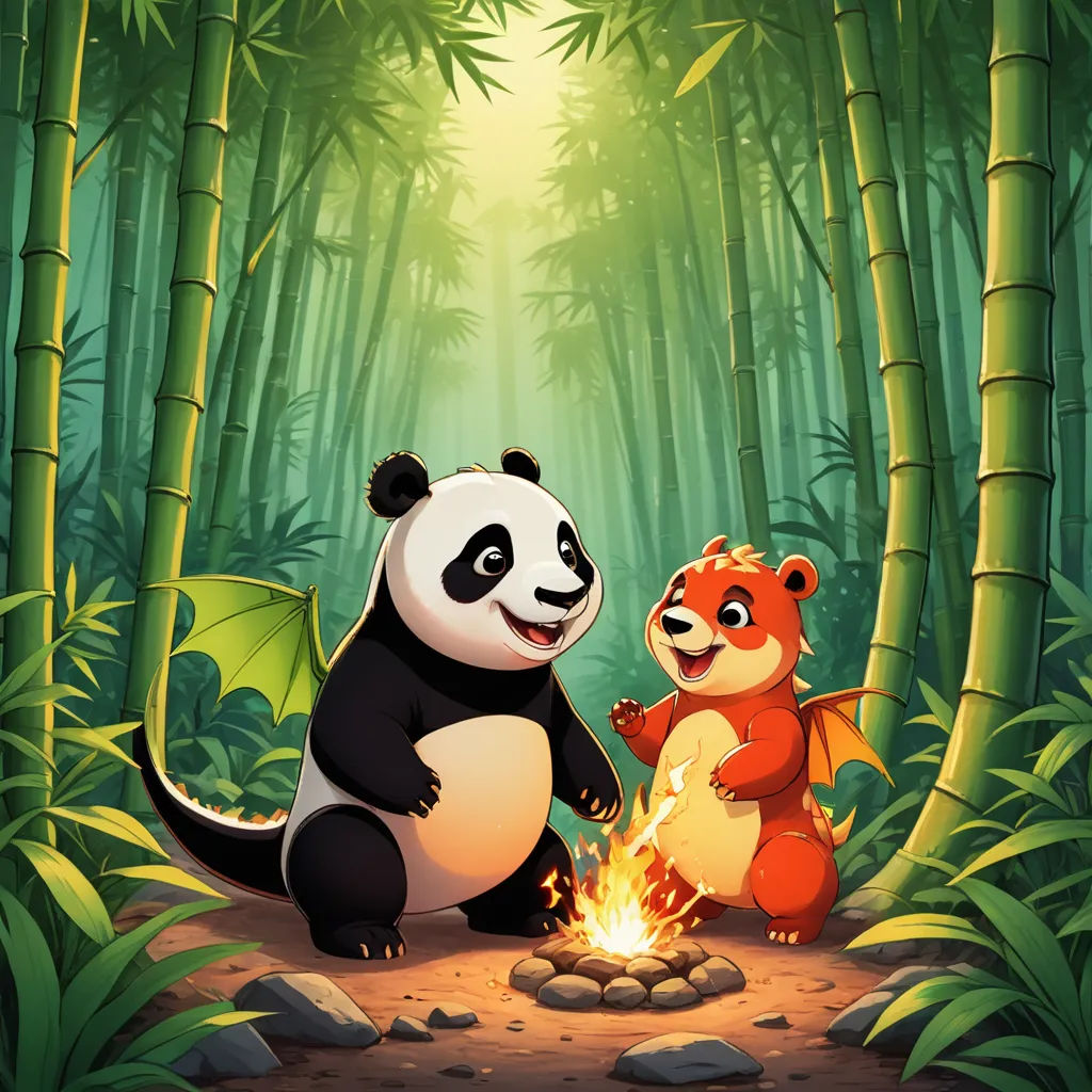 a panda and a red panda sitting by a fire in a forest with bamboo trees and rocks on the ground, fantasy art, a storybook illustration, Fan Qi, storybook illustration