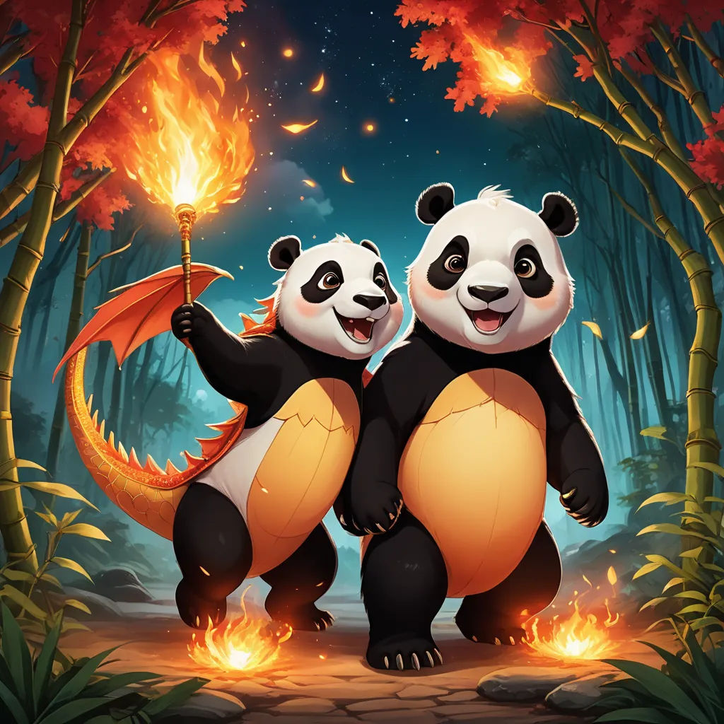 two pandas are standing in the woods holding torches and firecrackers in their hands, with a fire in the background, fantasy art, concept art, Fan Qi, splash art