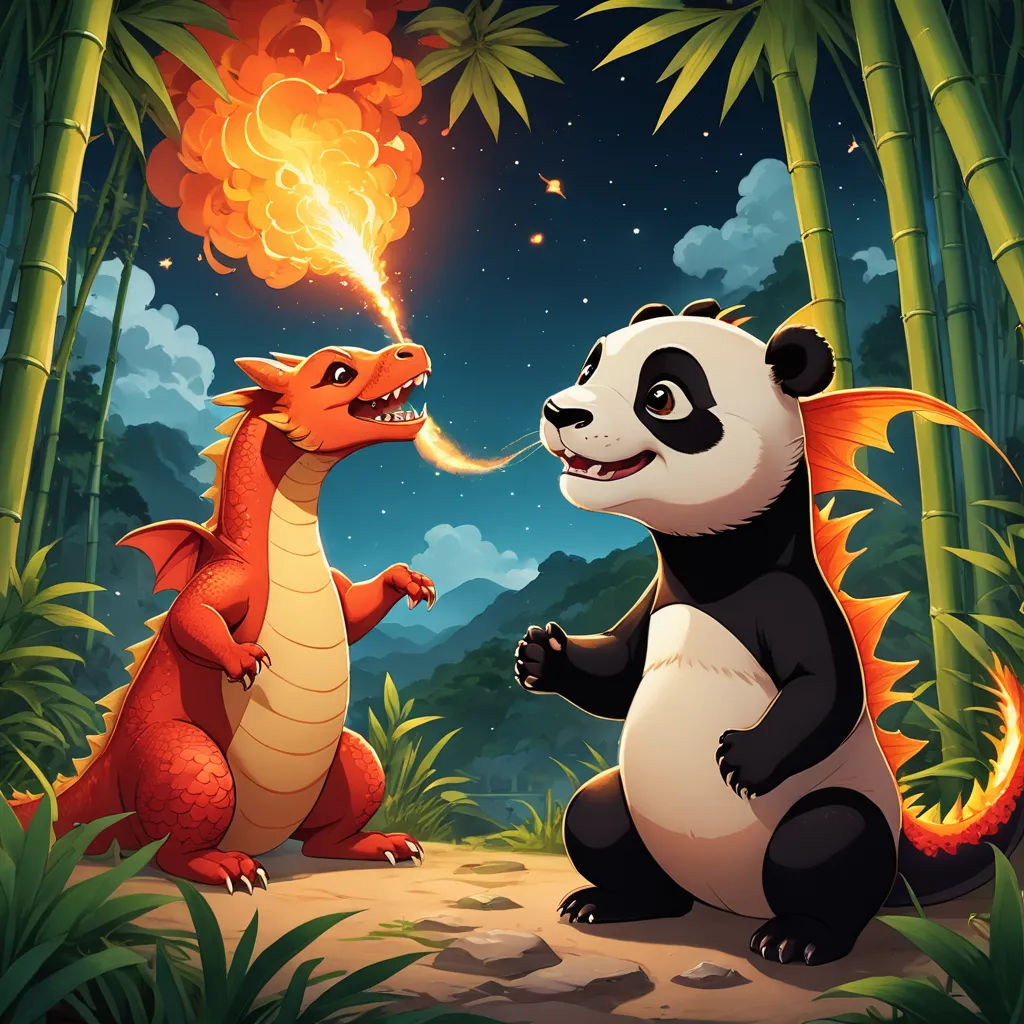a couple of animals that are in the dirt near some trees and fireflies in the sky and a fire, fantasy art, a storybook illustration, Chris LaBrooy, dragon art