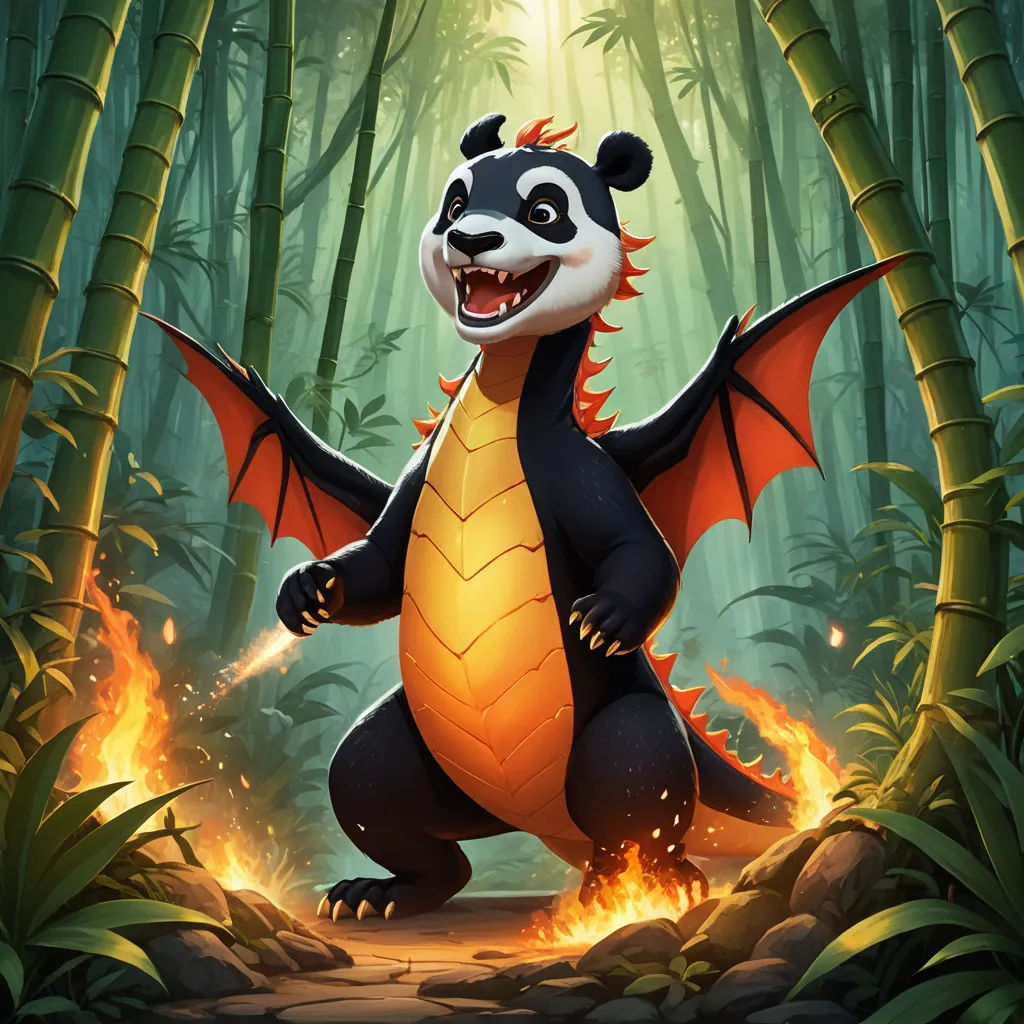 a cartoon panda bear with a fire breathing dragon like body in a jungle setting with bamboo trees and fire, sots art, concept art, Chris LaBrooy, dragon art