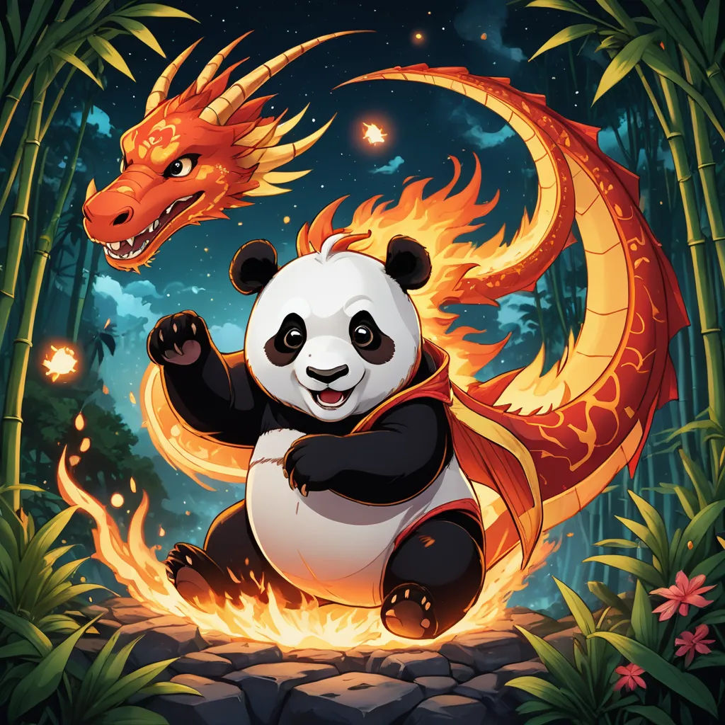 a panda bear sitting on a fire with a dragon on its back and a fire breathing dragon on its back, fantasy art, concept art, Fan Qi, league of legends splash art