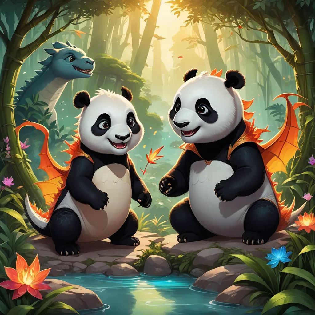 two pandas sitting on rocks in a forest with a stream and dragon in the background, with a sunbeam, fantasy art, a painting, Fan Qi, splash art