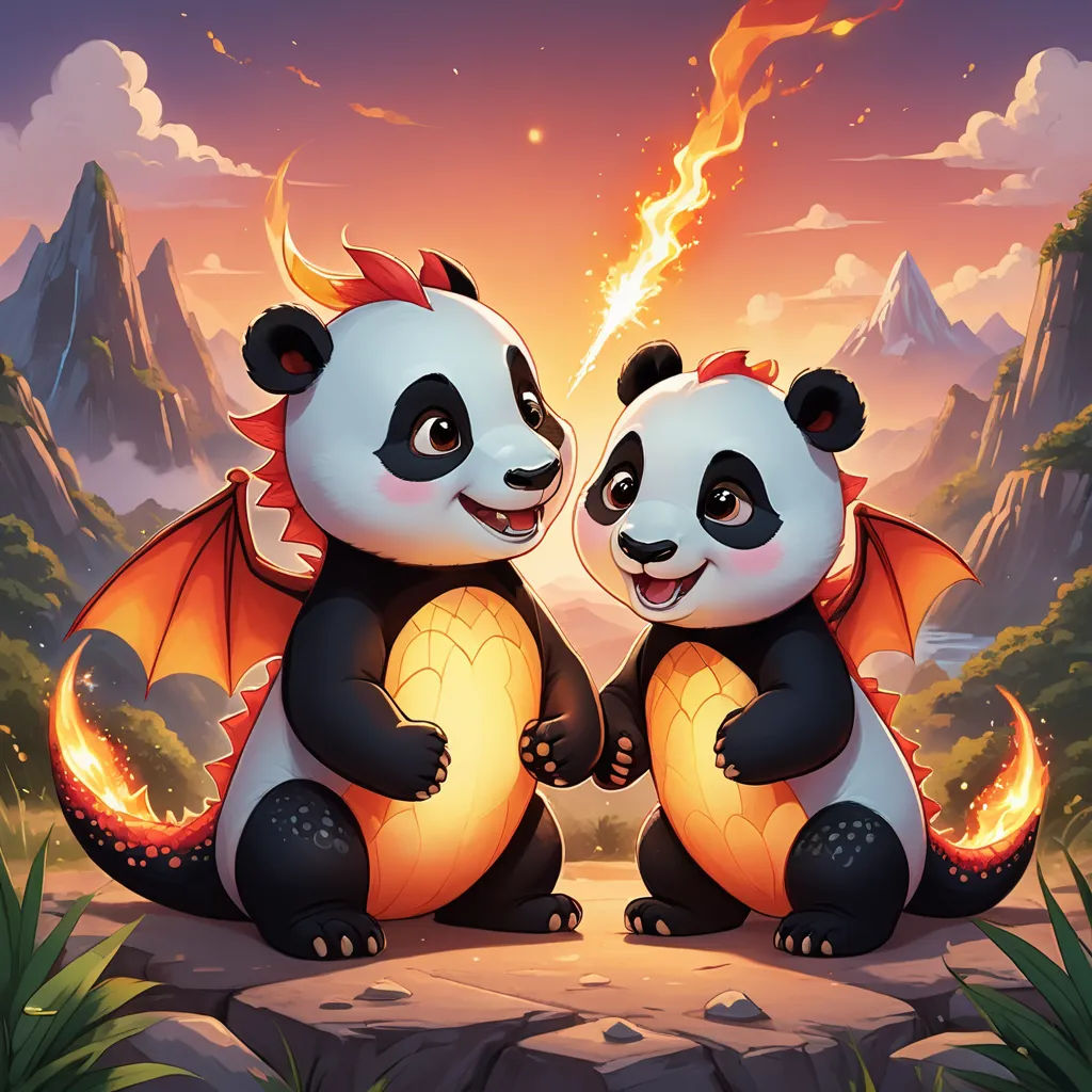 two panda bears sitting on a rock with a sunset in the background and a mountain range in the background, fantasy art, a painting, Fan Qi, dragon art