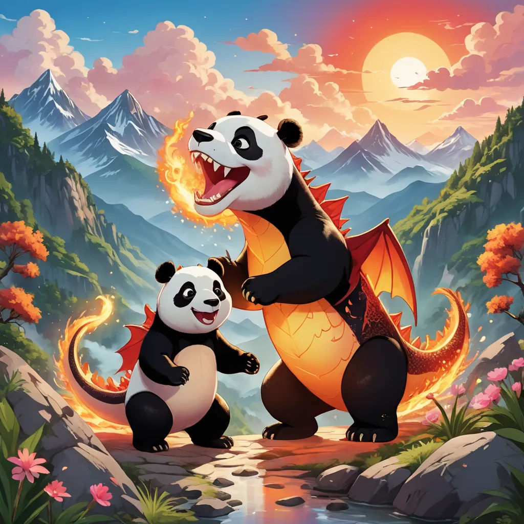 a panda and a dragon are standing on rocks near a river and mountains with a sunset in the background, fantasy art, a storybook illustration, Chris LaBrooy, official art