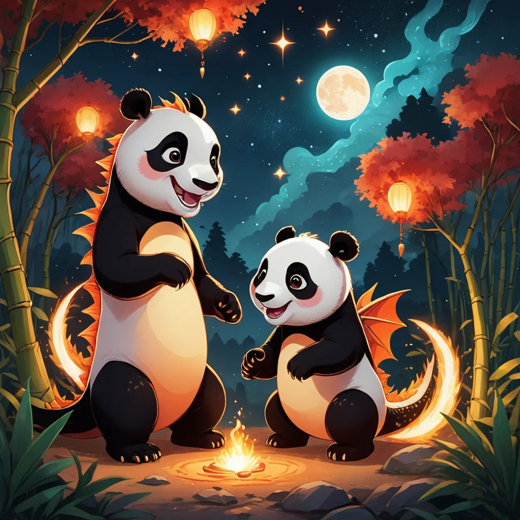 two pandas are sitting on the ground near a fire pit at night with lanterns in the sky and a full moon behind them, fantasy art, a storybook illustration, Chris LaBrooy, storybook illustration