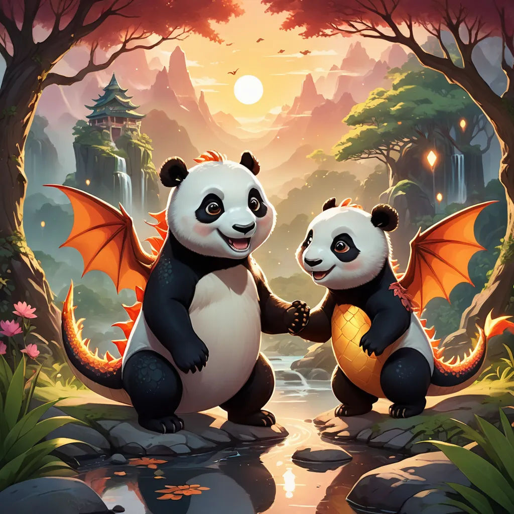 two pandas are sitting on the rocks and holding hands with each other in front of a river and a forest, fantasy art, a painting, Chris LaBrooy, magic the gathering artwork