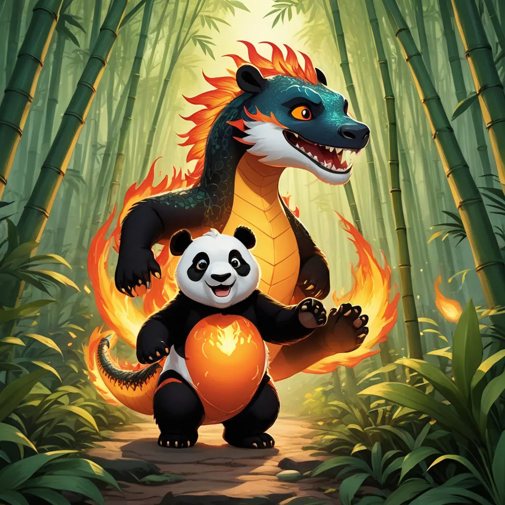 a cartoon of a dragon and a panda bear in a bamboo forest with fire and fire on their backs, altermodern, concept art, Fan Qi, splash art