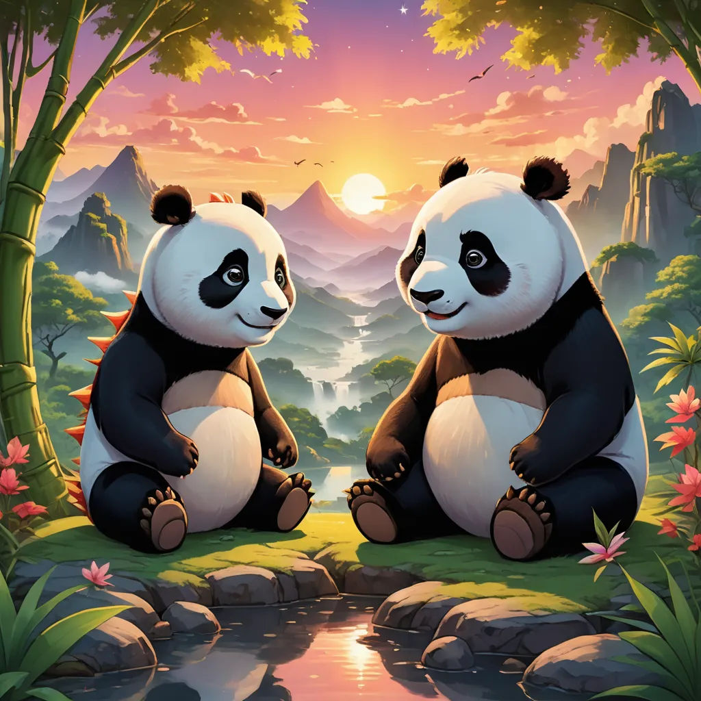 two panda bears sitting on the ground next to a river and a forest with flowers and trees, with a sunset in the background, sots art, a painting, Chris LaBrooy, official art