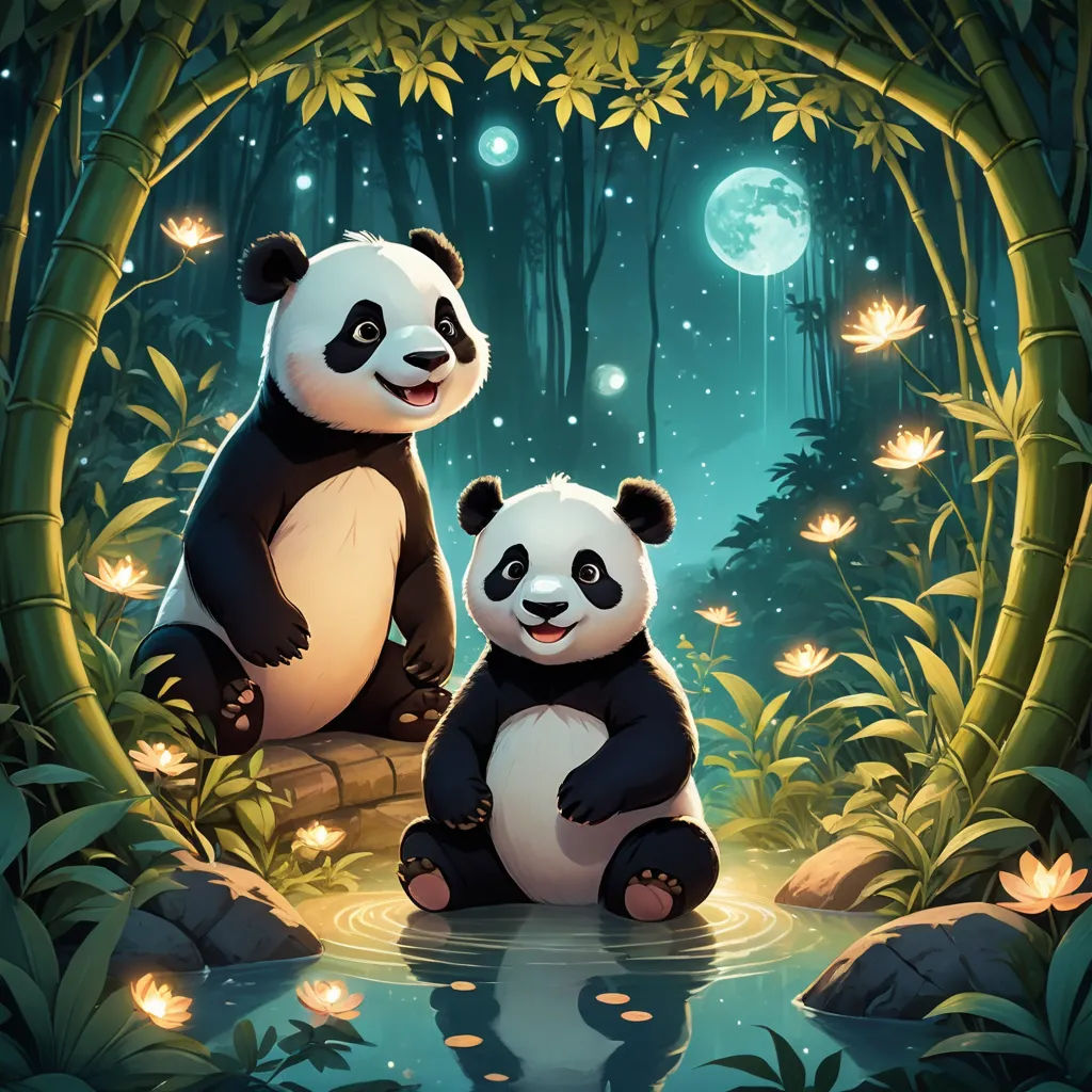 two panda bears sitting on a log in the woods by a pond of water with a full moon in the background, fantasy art, a storybook illustration, Chris LaBrooy, highly detailed digital painting