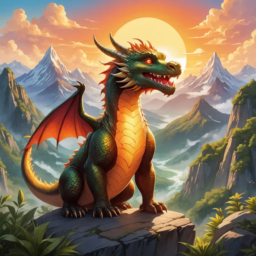 a dragon sitting on a rock in front of a mountain range with a sunset in the background and a mountain range in the foreground, fantasy art, concept art, Anne Stokes, dragon art