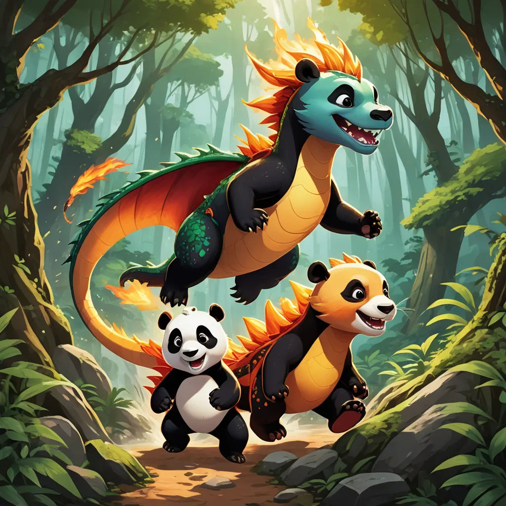 a couple of pandas are running through the woods together in the wild together, with a dragon on the back of the two, sots art, concept art, Fan Qi, official art