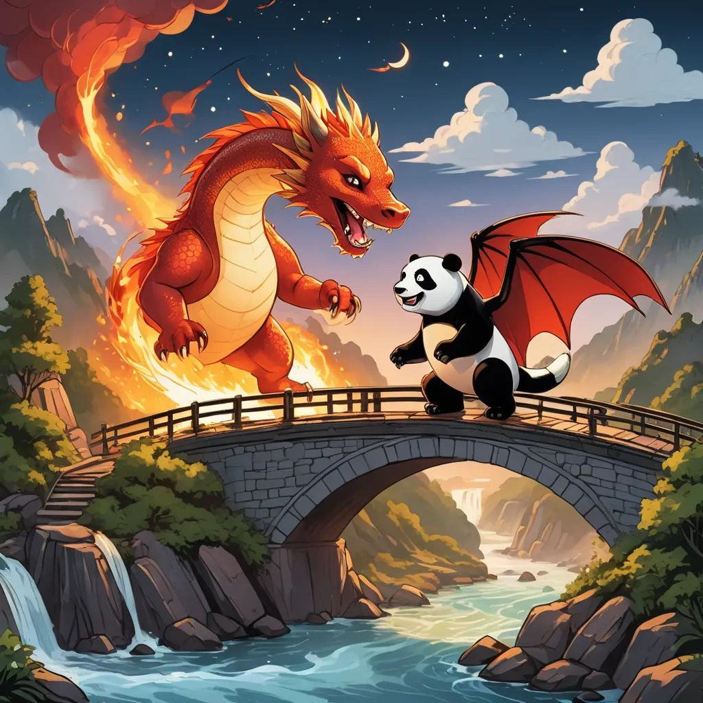 a dragon and a panda are on a bridge over a river and a waterfall with a waterfall running through it, fantasy art, a storybook illustration, Chris LaBrooy, dragon art