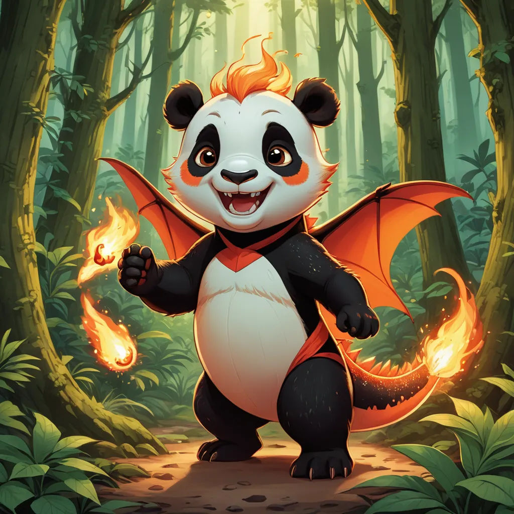 a panda bear with a fire in its mouth and a bat on its back in a forest with trees, altermodern, concept art, Fan Qi, magic the gathering artwork