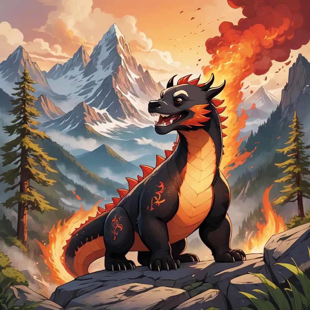 a cartoon dragon sitting on a rock with a mountain in the background and a fire coming out of its mouth, altermodern, concept art, Chris LaBrooy, dragon art