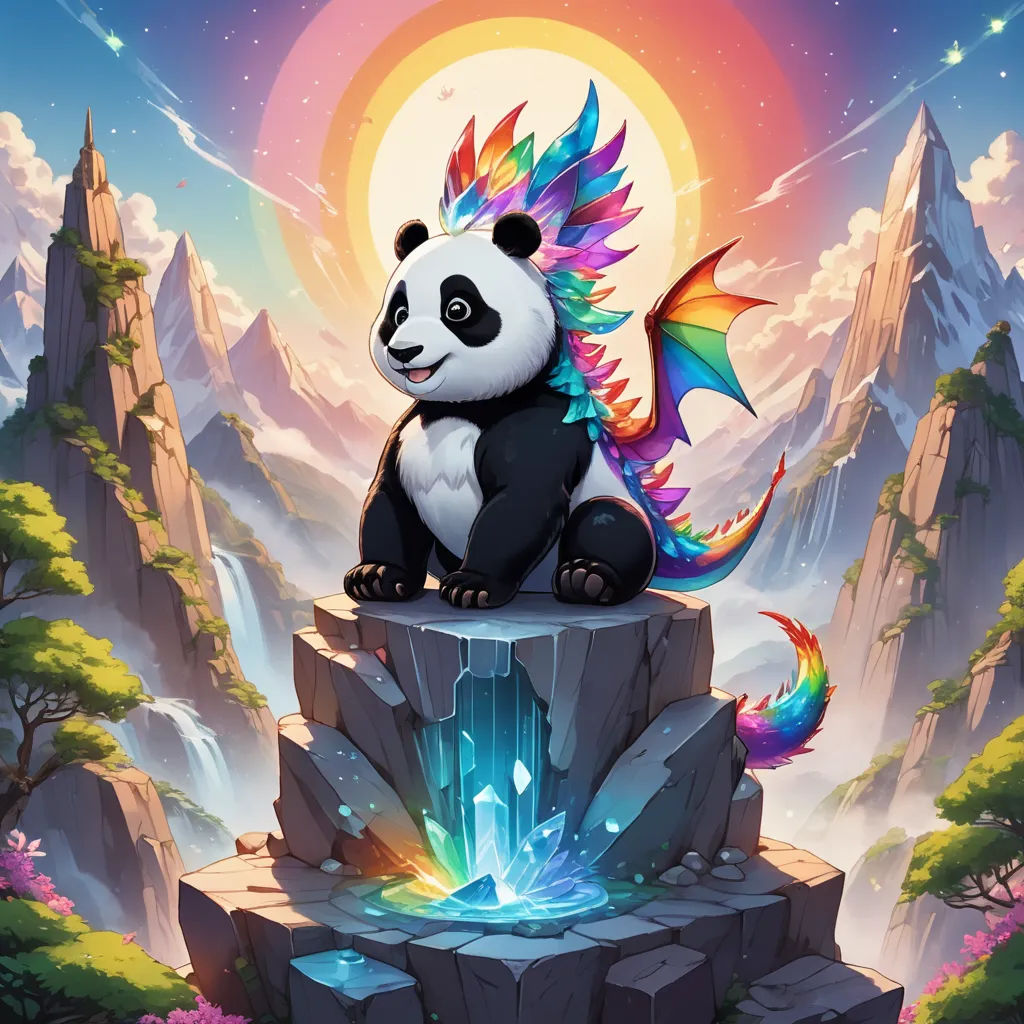 a panda bear sitting on top of a rock with a waterfall in the background and a dragon like tail on its head, fantasy art, a character portrait, Anne Stokes, splash art