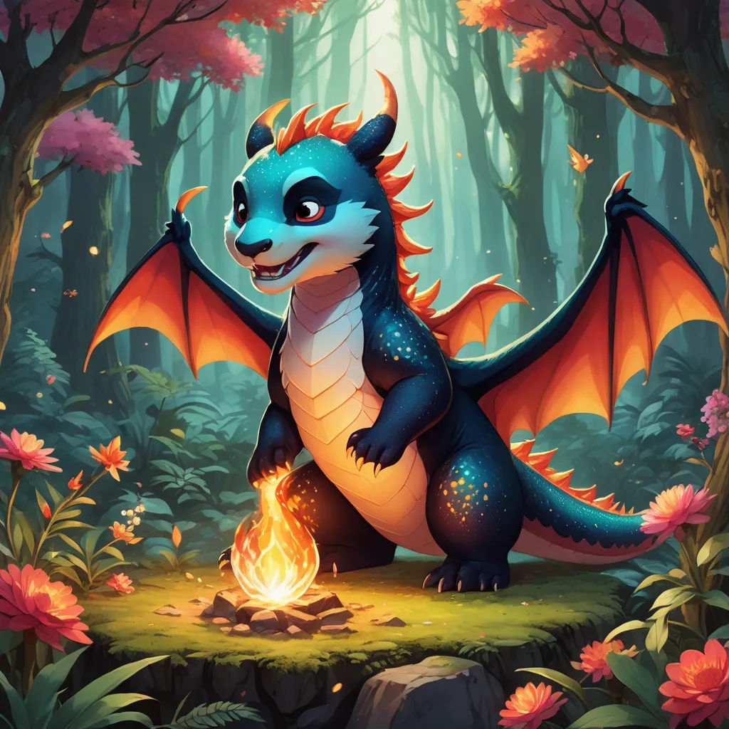 a cartoon dragon sitting on a rock in a forest with a fire in its mouth and a glowing flame coming out of its mouth, fantasy art, a storybook illustration, Chris LaBrooy, dragon art