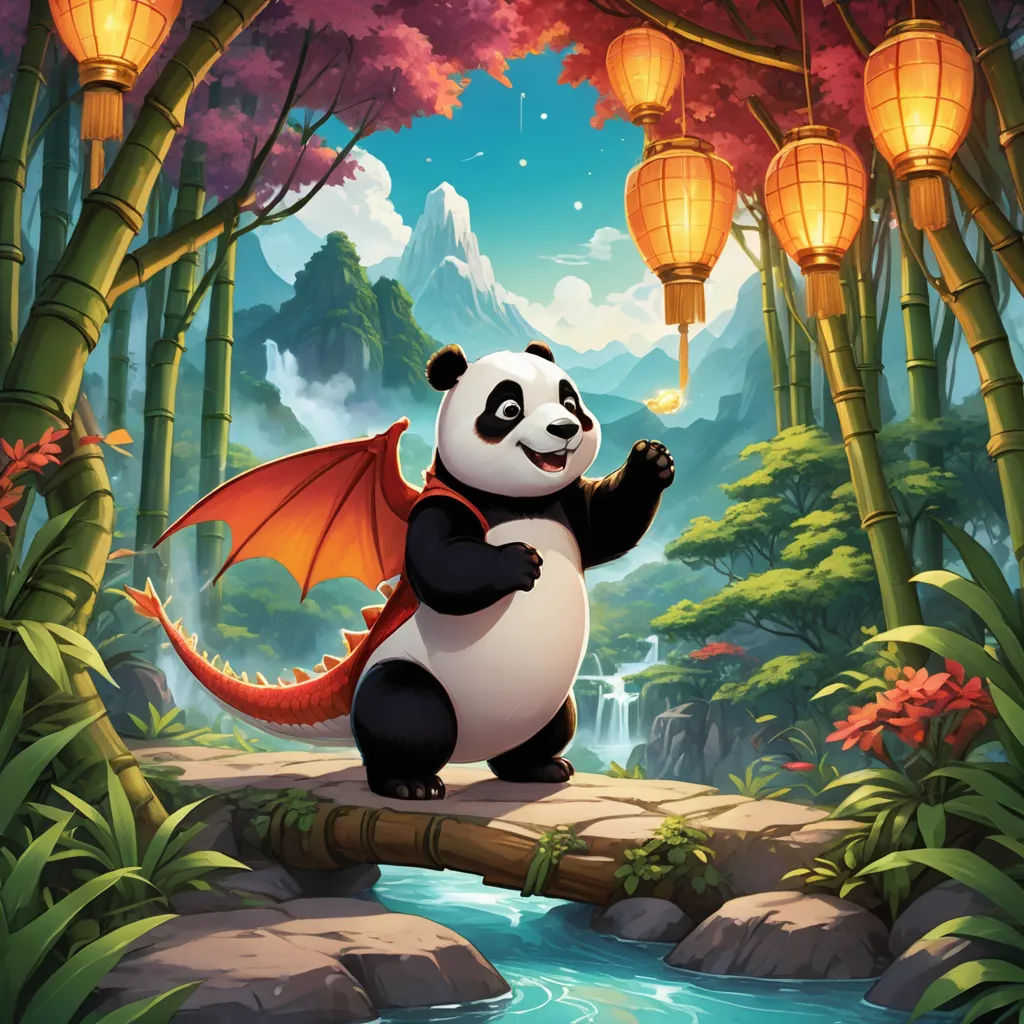 a panda bear is sitting on a rock and waving at the sky with a dragon on its back,, fantasy art, concept art, Chris LaBrooy, dragon art