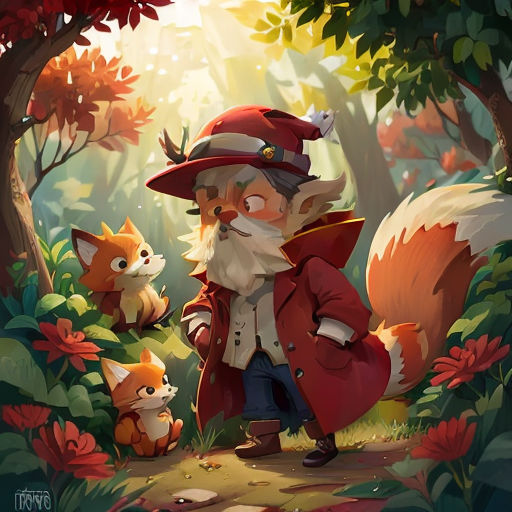 a cartoon of a gnome and a fox in a forest with flowers and trees in the background, with a fox and a fox in the foreground