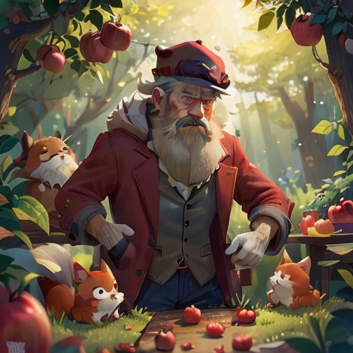 a man with a beard and a red jacket standing in a forest with lots of animals and apples on the ground