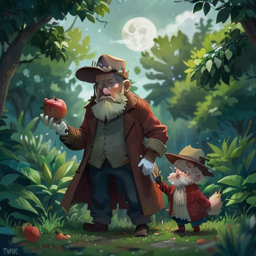 a man and a little girl standing in the woods with an apple in hand and an apple in the other hand