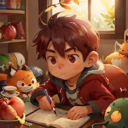 a boy writing in a book surrounded by stuffed animals and a window with a bird on it's head