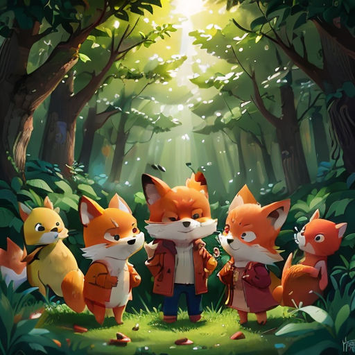 a group of foxes standing in the middle of a forest with a man standing next to them and a woman standing next to them