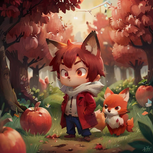 a girl and a fox in a forest with apples and leaves on the ground, and a tree with red leaves