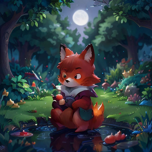 a fox sitting on top of a puddle of water in a forest at night with a full moon in the background