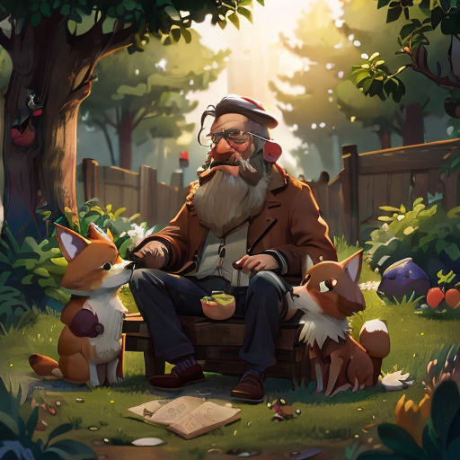 a man sitting on a bench with a fox and a dog in the grass next to him and a book