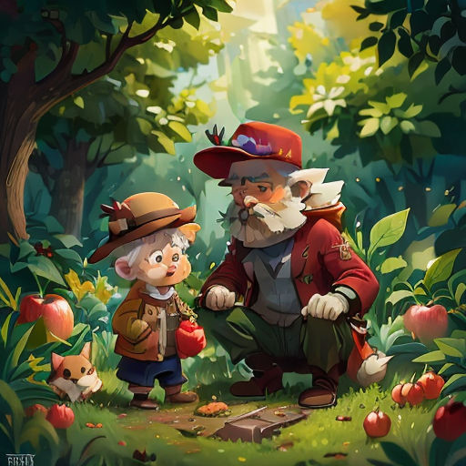 a painting of a man and a child in the woods with apples on the ground and a forest background