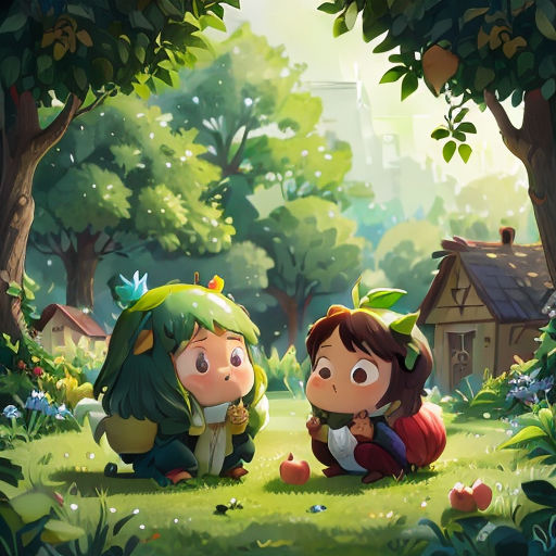 two children are sitting in the grass near a tree and a house in the background, with a forest in the background