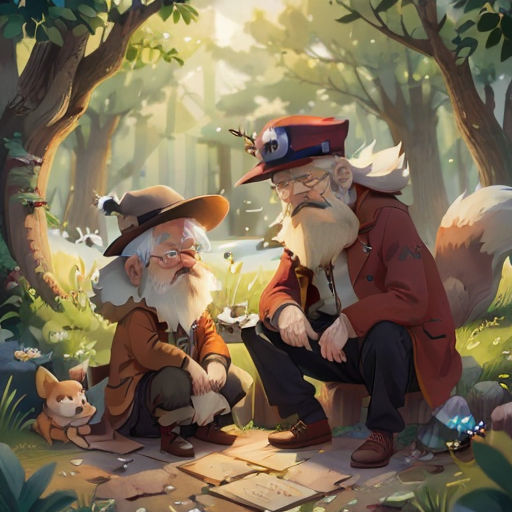 two gnomes sitting on a path in the woods with a dog nearby and a cat looking at them