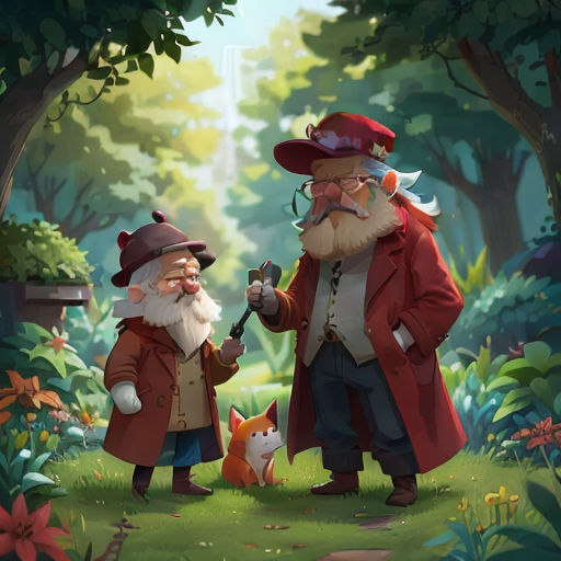 a couple of gnomes standing in a forest next to each other with a dog on a leash next to them