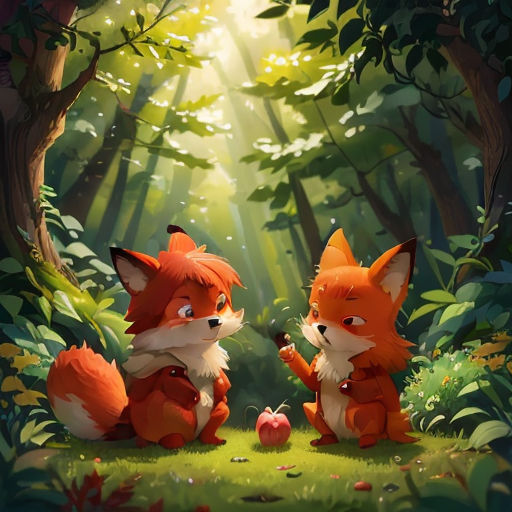 two foxes in the forest with sunlight coming through the trees and leaves on the ground, one of them is eating an apple