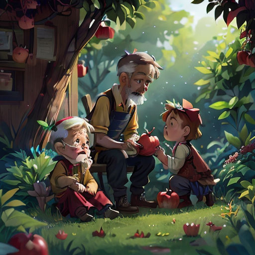 a group of people sitting in the grass near a tree and apple tree with apples on it and a man holding a book