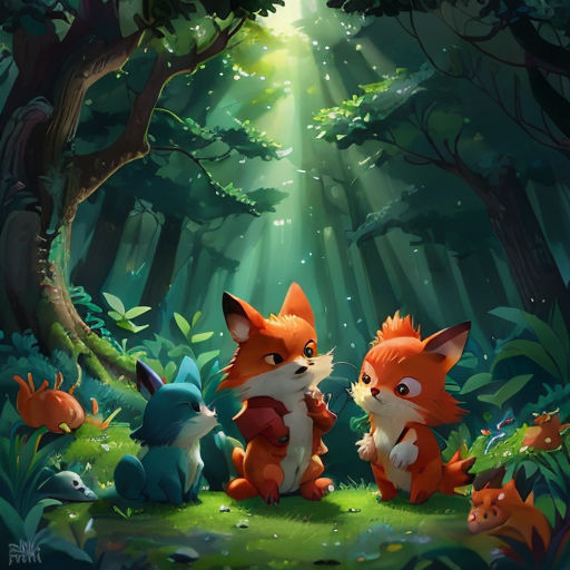 a painting of a forest with a fox and other animals in it and a light shining through the trees