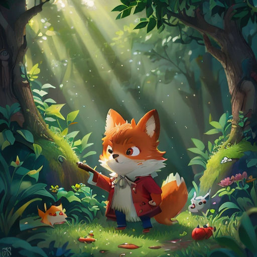 a fox in a forest with a rifle and a squirrel in the foreground, with sunlight streaming through the trees