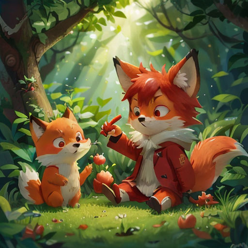 a fox and a fox cub sitting in the woods together, eating leaves from a tree, and looking at something