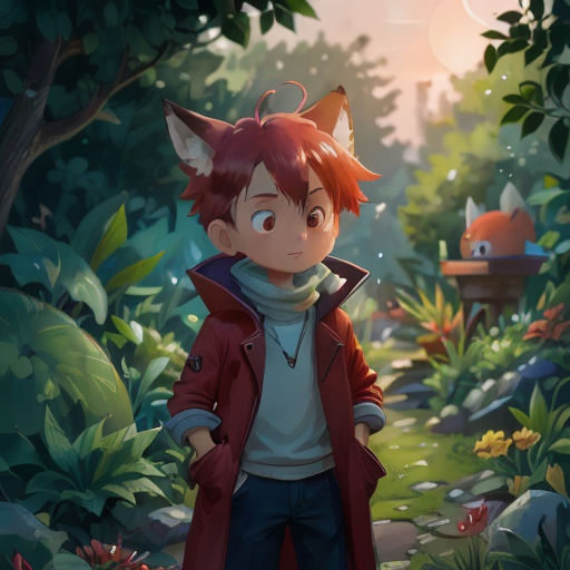 a boy in a red coat standing in a forest with a fox on his head and a fox on his shoulder