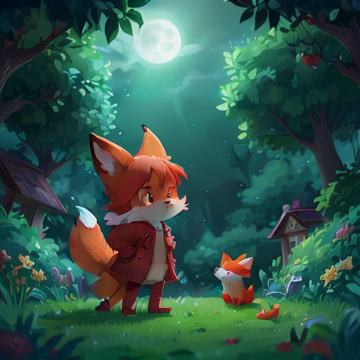 a fox and a fox cub in a forest at night with a full moon in the background and a house in the distance