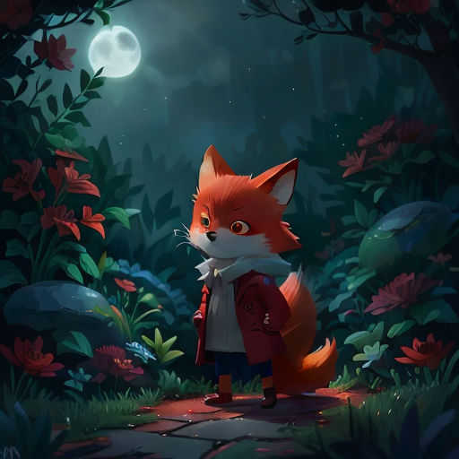 a fox in a red coat standing in a forest at night with a full moon in the background and a path leading to it
