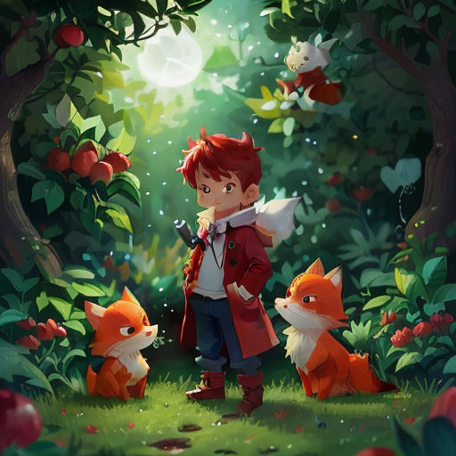 a boy standing in the woods with two foxes and a bird flying above him, with a forest background