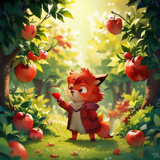 a fox in a forest with apples on the ground and a forest full of trees and bushes with leaves