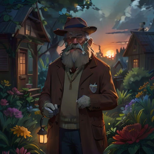 a man with a long beard and a hat standing in front of a house with a lantern in his hand