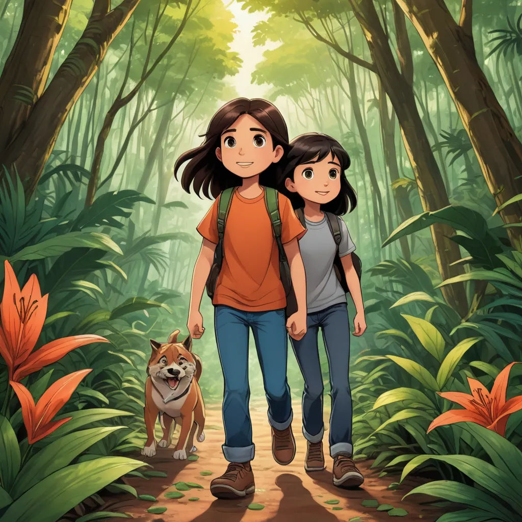 a couple of people walking through a forest with a dog on a leash next to them on a path, environmental art, a storybook illustration, Cliff Childs, official art