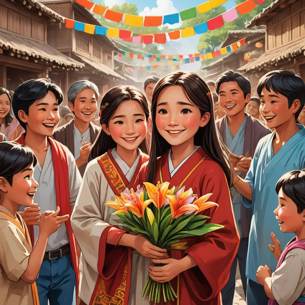 a painting of a woman holding a bouquet of flowers in front of a crowd of people in a courtyard, cloisonnism, a storybook illustration, Drew Struzan, official art